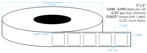 1" x 1" HIGH GLOSS WHITE Polypropylene BOPP {ROUNDED CORNERS} Roll Labels (3"CORE/8"OD)