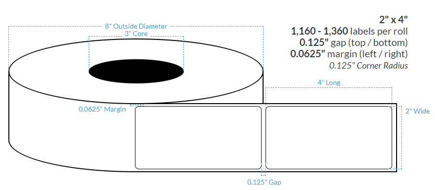 2" x 4" HIGH GLOSS WHITE Polypropylene BOPP {ROUNDED CORNERS} Roll Labels  (3"CORE/8"OD)