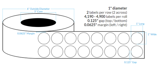 1" HIGH GLOSS WHITE Polypropylene  BOPP {CIRCLE} Roll Labels (3"CORE/6"OD)