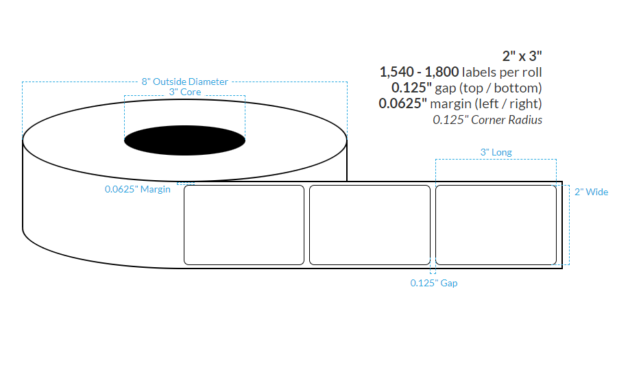 2" x 3"  HIGH GLOSS WHITE Polypropylene BOPP {ROUNDED CORNERS} Roll Labels  (3"CORE/8"OD)