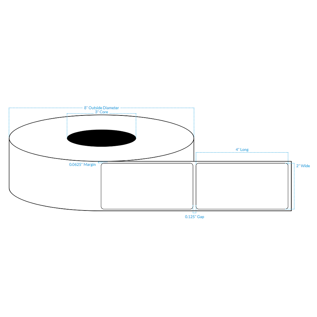 2" x 4" 1 ACROSS  PREMIUM HIGH GLOSS WHITE Polypropylene BOPP {ROUNDED CORNERS} Roll Labels  (3"CORE/8"OD)