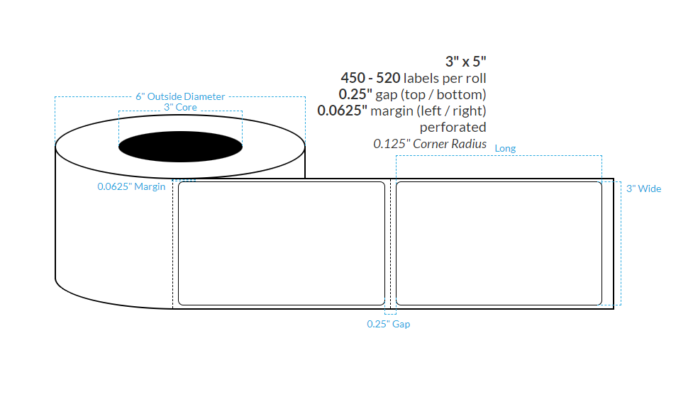 3" x 5" PREMIUM HIGH GLOSS WHITE Polypropylene BOPP {ROUNDED CORNERS} Roll Labels  (3"CORE/8"OD)