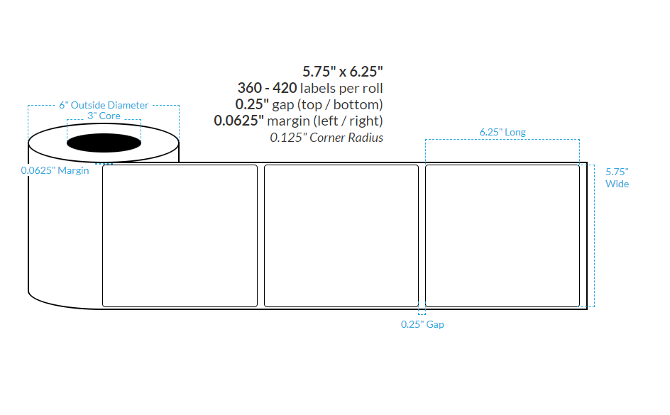 5.75" x 6.25" MATTE WHITE Polypropylene BOPP {ROUNDED CORNERS} Roll Labels  (3"CORE/6"OD)