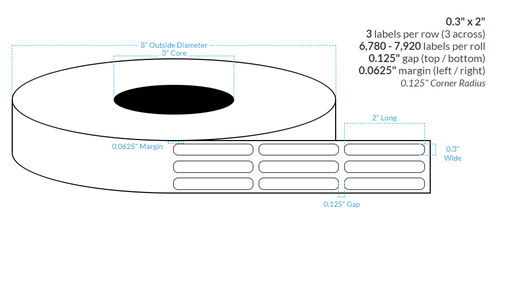 .3" X 2" HIGH GLOSS WHITE Polypropylene BOPP {ROUNDED CORNERS} Roll Labels  (3"CORE/8"OD)