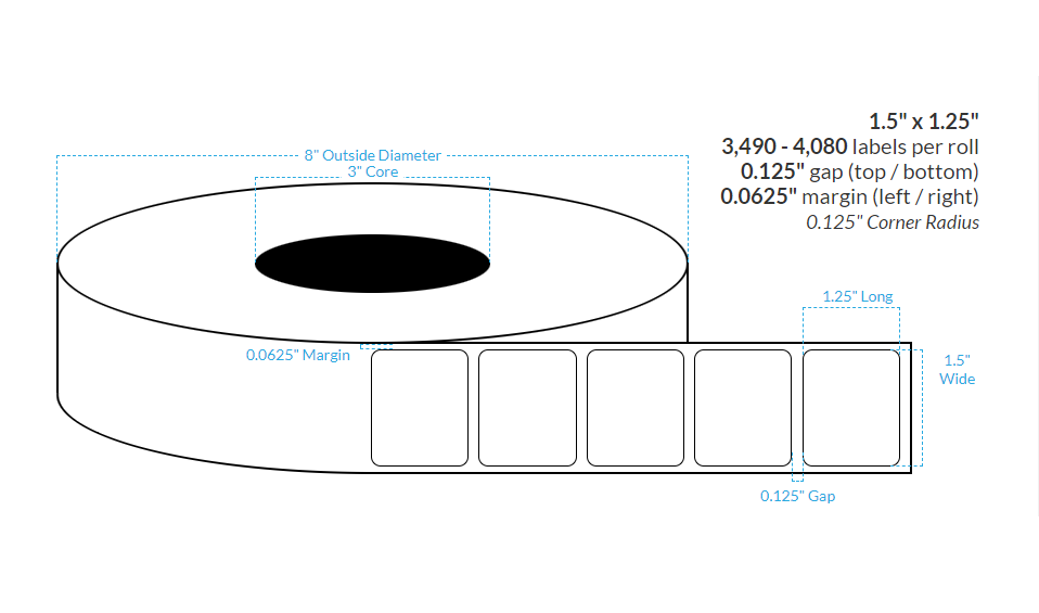 1.5" x 1.25"  SEMI GLOSS WHITE PAPER {ROUNDED CORNERS} Roll Labels (3"CORE/8"OD)