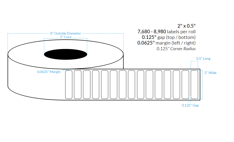 2" x 0.5" SEMI GLOSS WHITE PAPER {ROUNDED CORNERS} Roll Labels (3"CORE/8"OD)