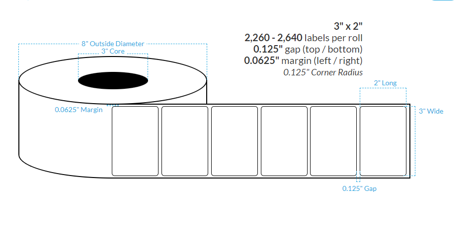 3" x 2" MATTE WHITE Polypropylene BOPP {ROUNDED CORNERS} Roll Labels  (3"CORE/8"OD)