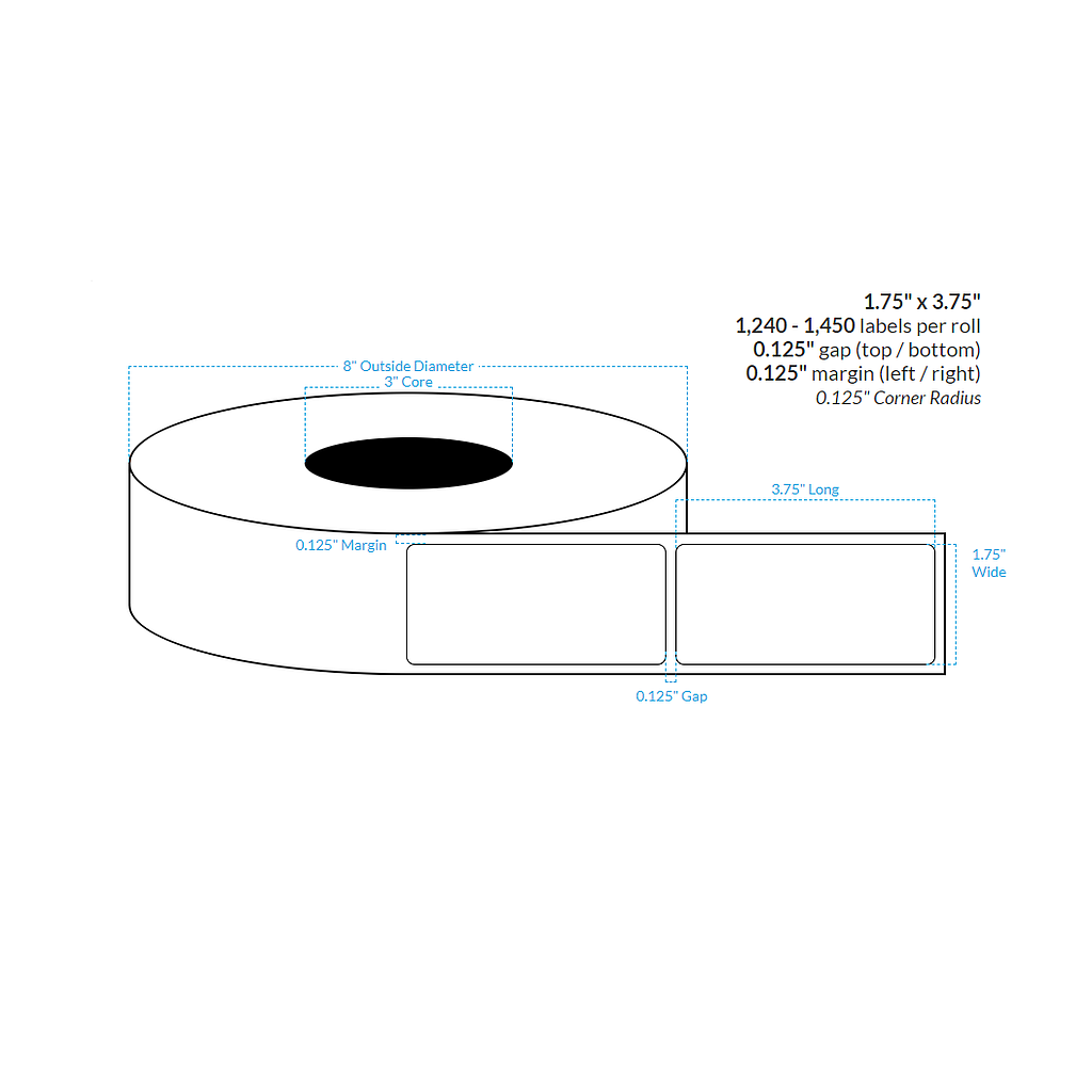 1.75" x 3.75" MATTE WHITE Polypropylene BOPP {ROUNDED CORNERS} Roll Labels  (3"CORE/8"OD)