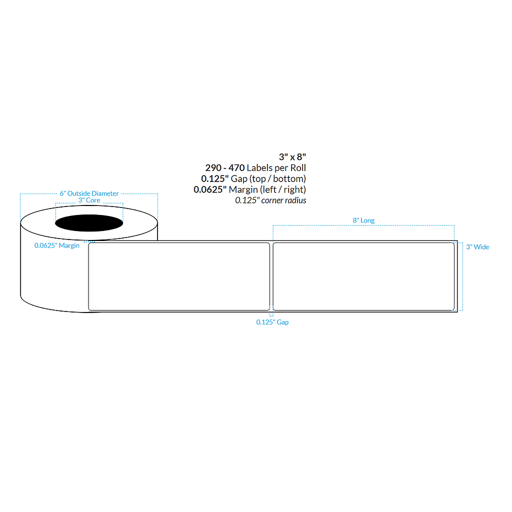 3" x 8"  HIGH GLOSS WHITE Polypropylene BOPP {ROUNDED CORNERS} Roll Labels (3"CORE/6"OD)