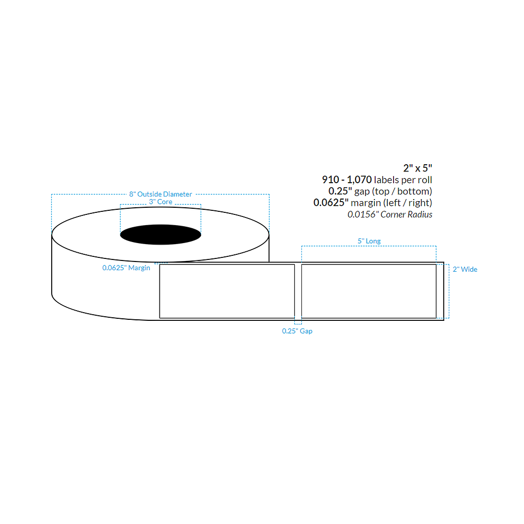 2" x 5"  MATTE WHITE Polypropylene BOPP {ROUNDED CORNERS} Roll Labels  (3"CORE/8"OD)