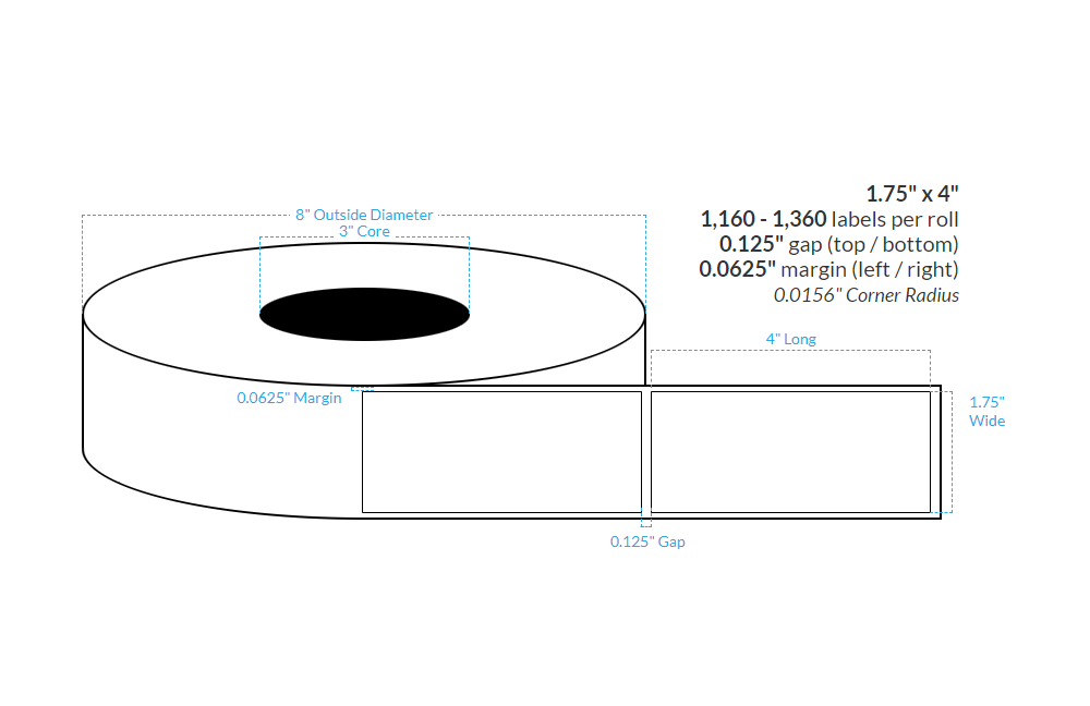 1.75" x 4" HIGH GLOSS WHITE PAPER {SQUARE CORNERS} Roll Labels  (3"CORE/8"OD)