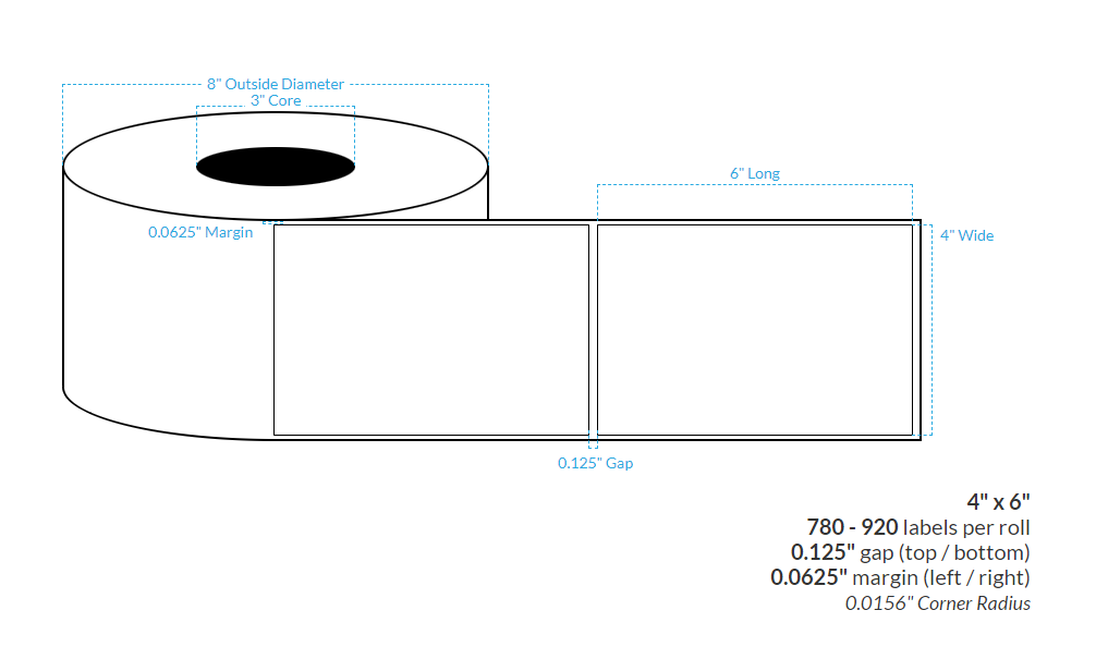 4" X 6" MATTE WHITE PAPER {SQUARE} Roll Labels  (3"CORE/8"OD)