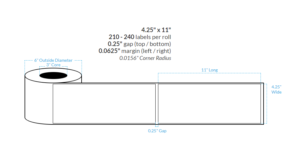 4.25" X 11" PREMIUM HIGH GLOSS WHITE Polypropylene BOPP {SQUARE CORNERS} Roll Labels  (3"CORE/6"OD)