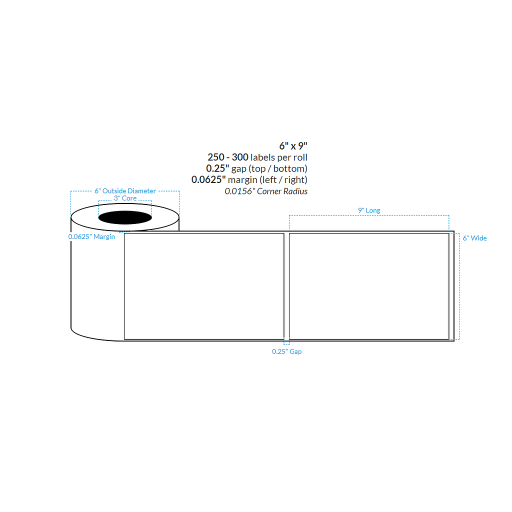 6" x 9" Premium HIGH GLOSS WHITE Polypropylene BOPP {SQUARE CORNERS} Roll Labels (3"CORE/6"OD)