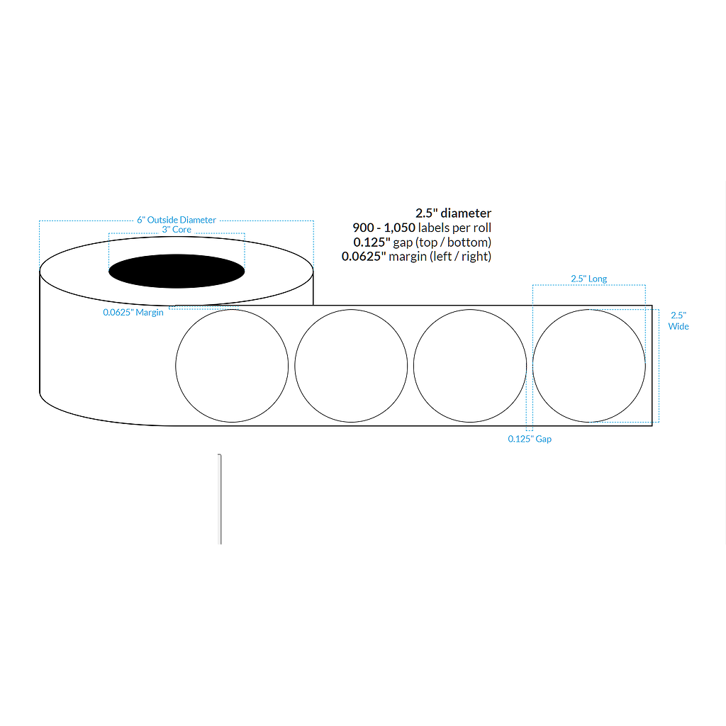 2.5" PREMIUM HIGH GLOSS WHITE Polypropylene BOPP {CIRCLE} Roll Labels (3"CORE/6"OD)