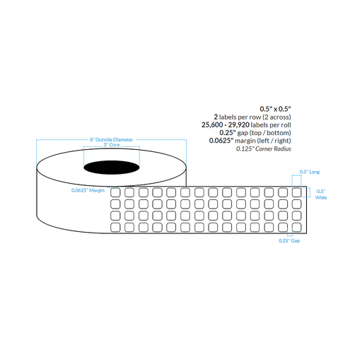 0.5" x 0.5" HIGH GLOSS WHITE {ROUNDED CORNERS} Roll Labels  (3"CORE/8"OD)