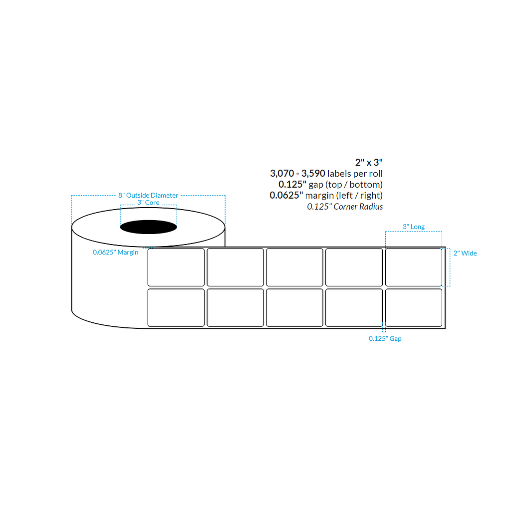 2" x 3" HIGH GLOSS WHITE {ROUNDED CORNERS} Roll Labels  (3"CORE/8"OD)