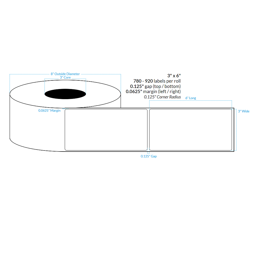 3" x 6"  MATTE WHITE Polypropylene BOPP {ROUNDED CORNERS} Roll Labels  (3"CORE/8"OD)