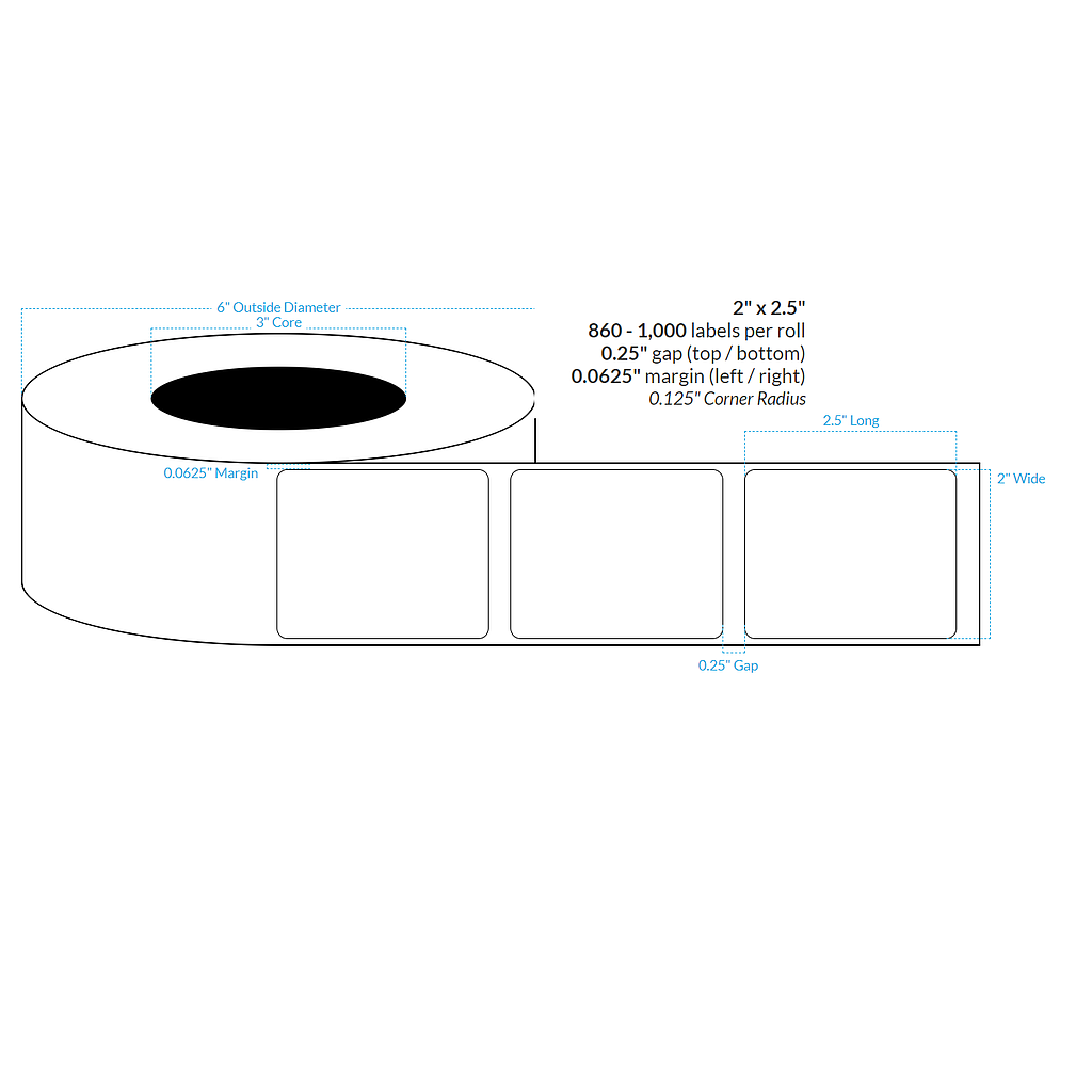 2" x 2.5"  HIGH GLOSS WHITE Polypropylene BOPP {ROUNDED CORNERS} Roll Labels  (3"CORE/6"OD)