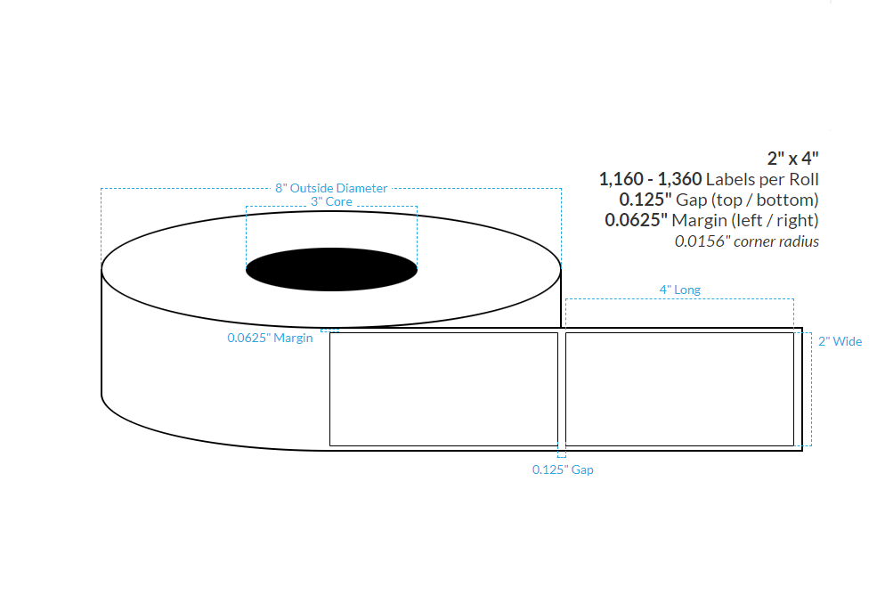 2" x 4"  MATTE WHITE Polypropylene BOPP {SQUARE} Roll Labels  (3"CORE/8"OD)