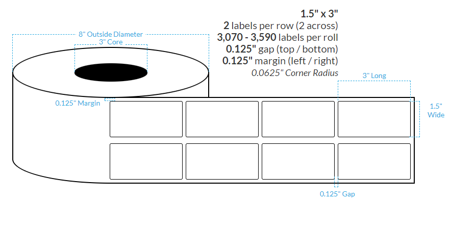 1.5" x 3" HIGH GLOSS WHITE Polypropylene BOPP {ROUNDED CORNERS} Roll Labels (3"CORE/8"OD)