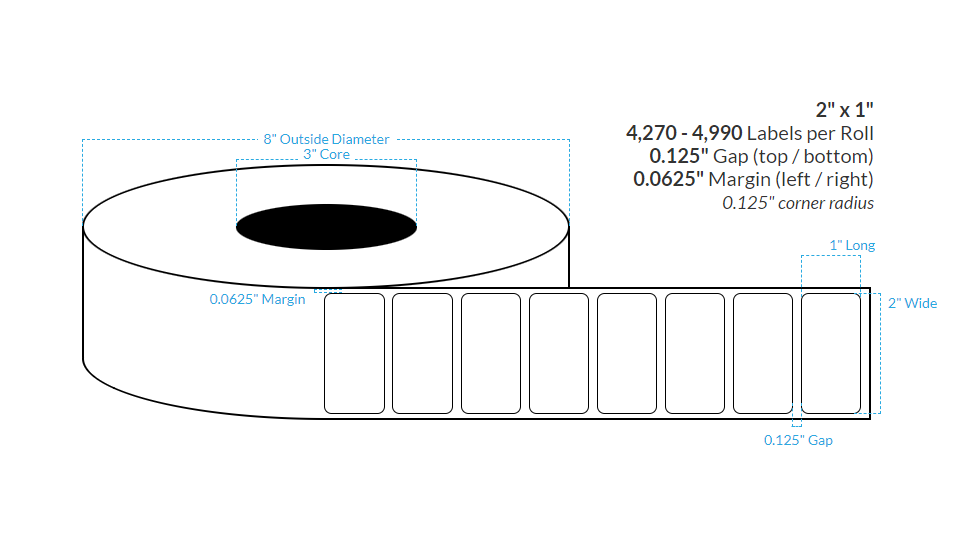 2" x 1" HIGH GLOSS WHITE Polypropylene BOPP {ROUNDED CORNERS} Roll Labels (3"CORE/8"OD)