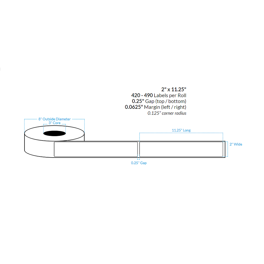 2" x 11.25" HIGH GLOSS WHITE Polypropylene BOPP {ROUNDED CORNERS} Roll Labels (3"CORE/8"OD)