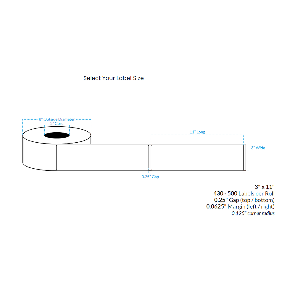 3" x 11"  HIGH GLOSS WHITE Polypropylene BOPP {ROUNDED CORNERS} Roll Labels (3"CORE/8"OD)