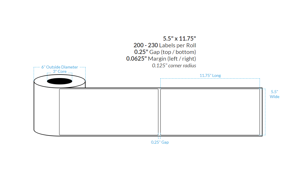 5.5" X 11.75" PREMIUM HIGH GLOSS WHITE Polypropylene BOPP {SQUARE CORNERS} Roll Labels  (3"CORE/6"OD)