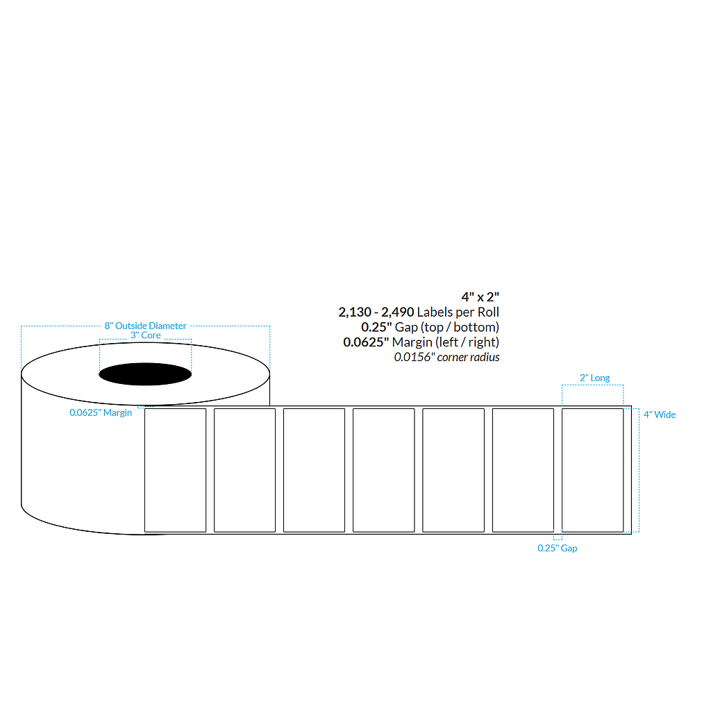 4" x 2" HIGH GLOSS WHITE Polypropylene BOPP {SQUARE CORNERS} Roll Labels (3"CORE/8"OD)