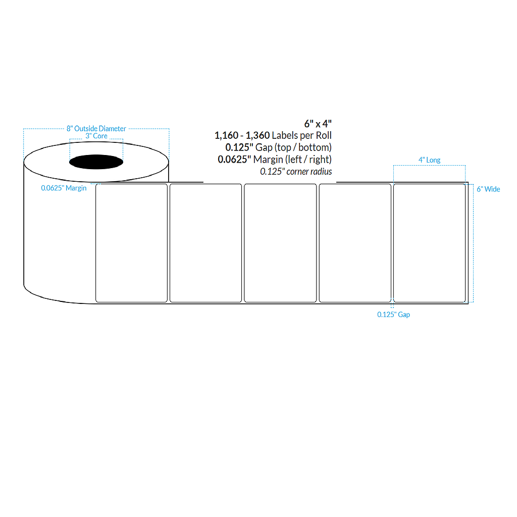 6" X 4" HIGH GLOSS WHITE Polypropylene BOPP {ROUNDED CORNERS} Roll Labels  (3"CORE/8"OD)