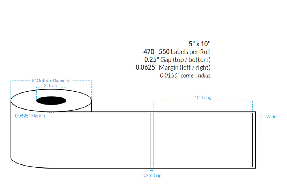 5" X 10" HIGH GLOSS WHITE PAPER {SQUARE CORNERS} Roll Labels  (3"CORE/8"OD)