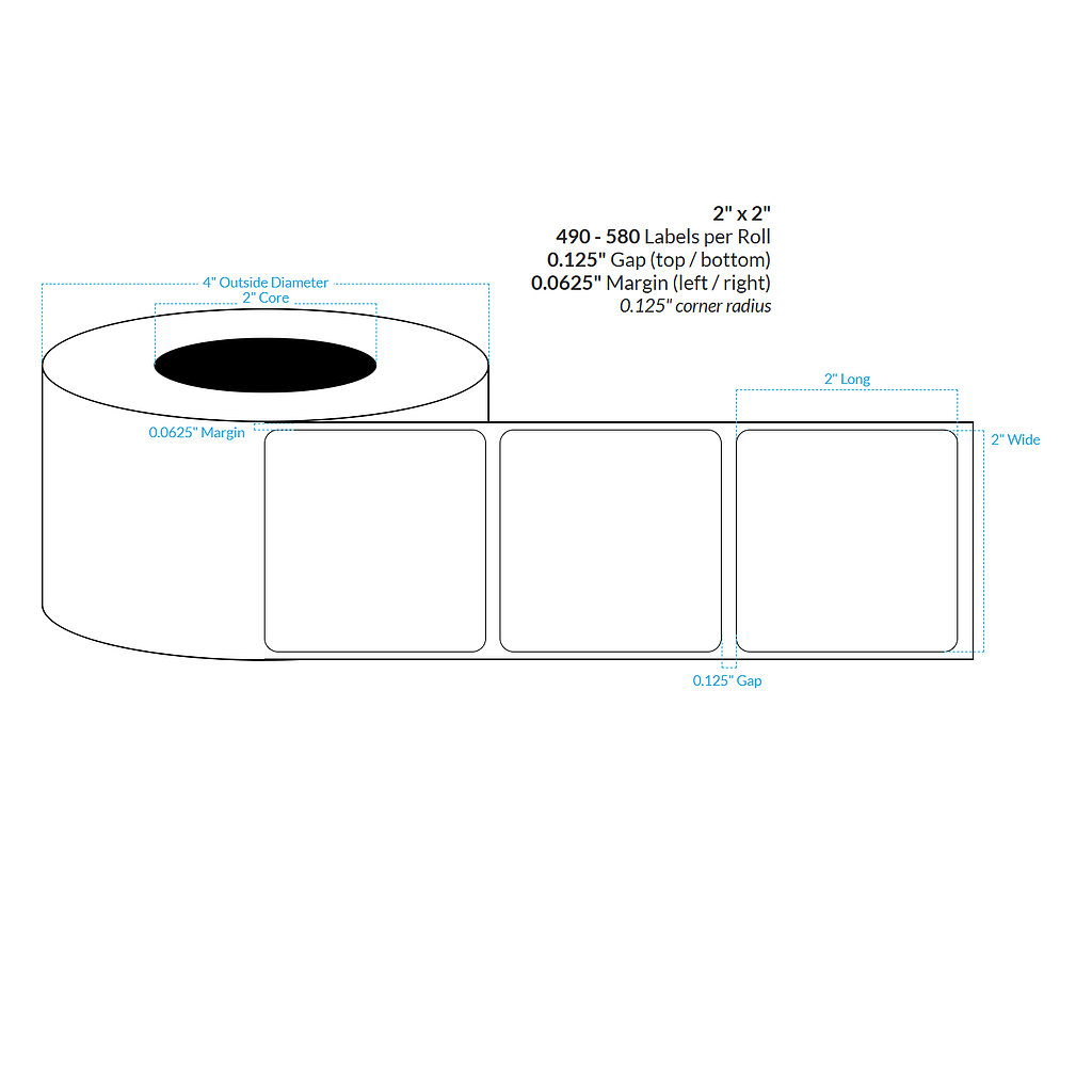 2" x 2"  MATTE WHITE Polypropylene BOPP {ROUNDED CORNERS} Roll Labels  (2"CORE/4"OD)