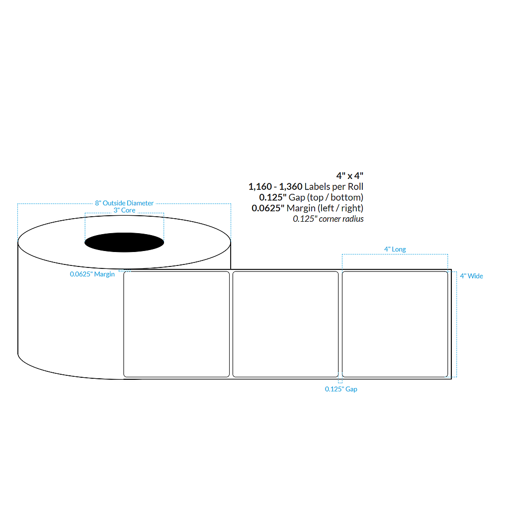 4" x 4" MATTE WHITE Polypropylene BOPP {ROUNDED CORNERS} Roll Labels (3"CORE/8"OD)