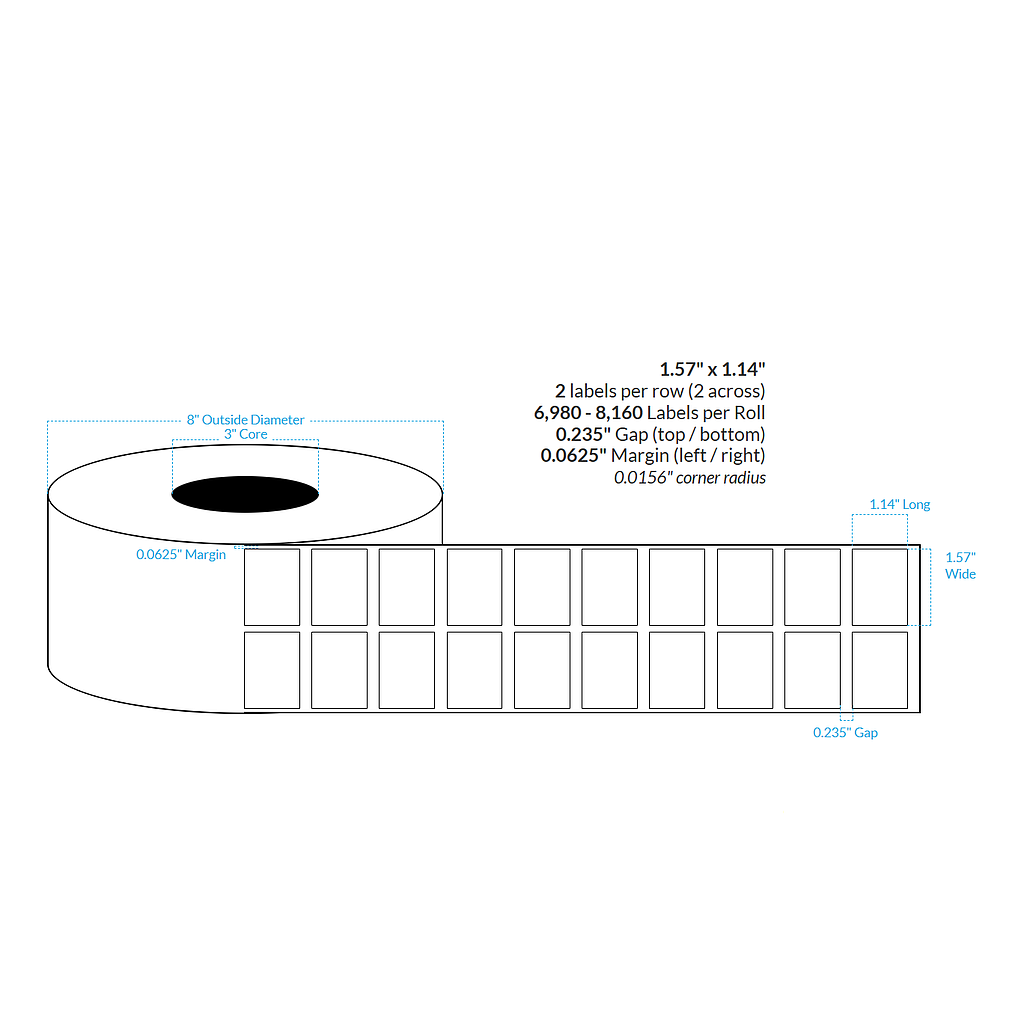 1.57" x 1.14"  2-ACROSS HIGH GLOSS WHITE Polypropylene BOPP {SQUARE CORNERS} Roll Labels (3"CORE/8"OD)