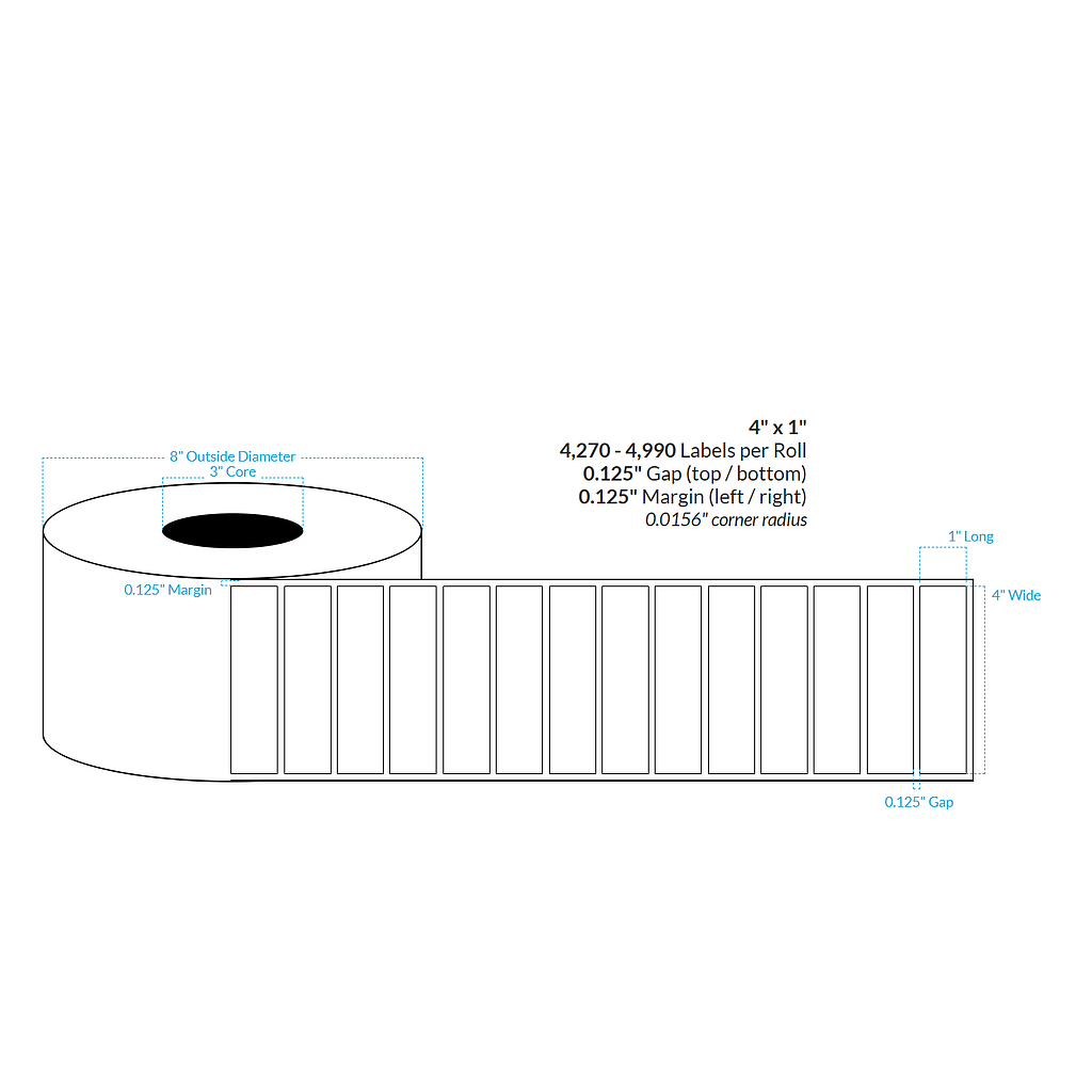 4" x 1" HIGH GLOSS WHITE Polypropylene BOPP {SQUARE CORNERS} Roll Labels (3"CORE/8"OD)