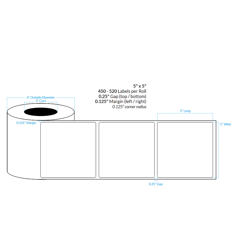 5" X 5" MATTE WHITE Polypropylene BOPP {ROUNDED CORNERS} Roll Labels  (3"CORE/6"OD)