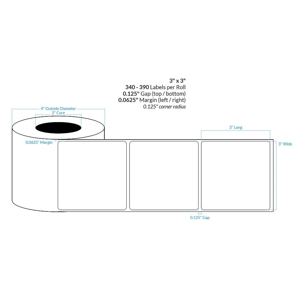 3" x 3" HIGH GLOSS WHITE Polypropylene BOPP {ROUNDED CORNERS} Roll Labels  (2"CORE/4"OD)