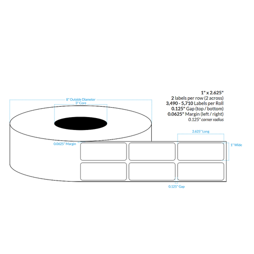 1" X 2.625" INKJET CLEAR Polypropylene BOPP {ROUNDED CORNERS} Roll Labels  (3"CORE/8"OD)