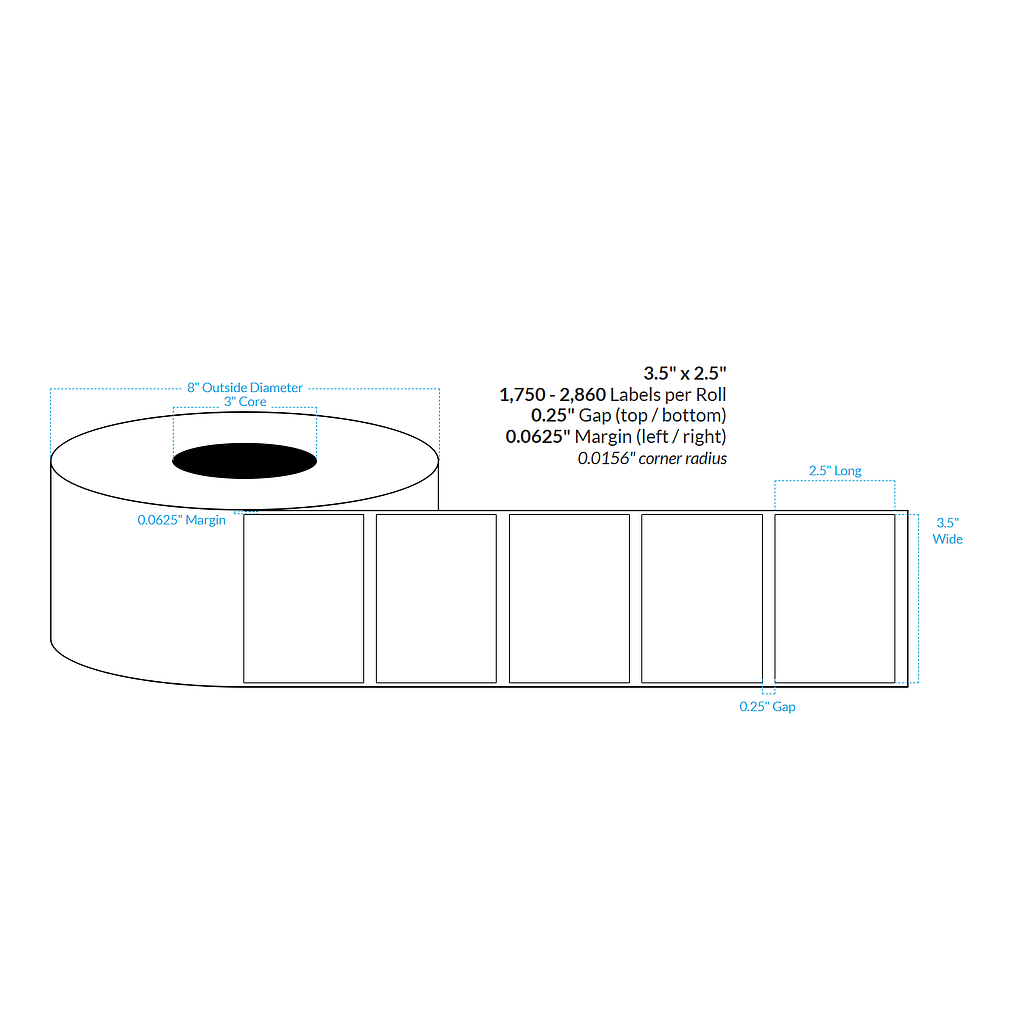 3.5" x 2.5" MATTE WHITE Polypropylene (BOPP) {SQUARE CORNERS} Roll Labels  (3"CORE/8"OD)