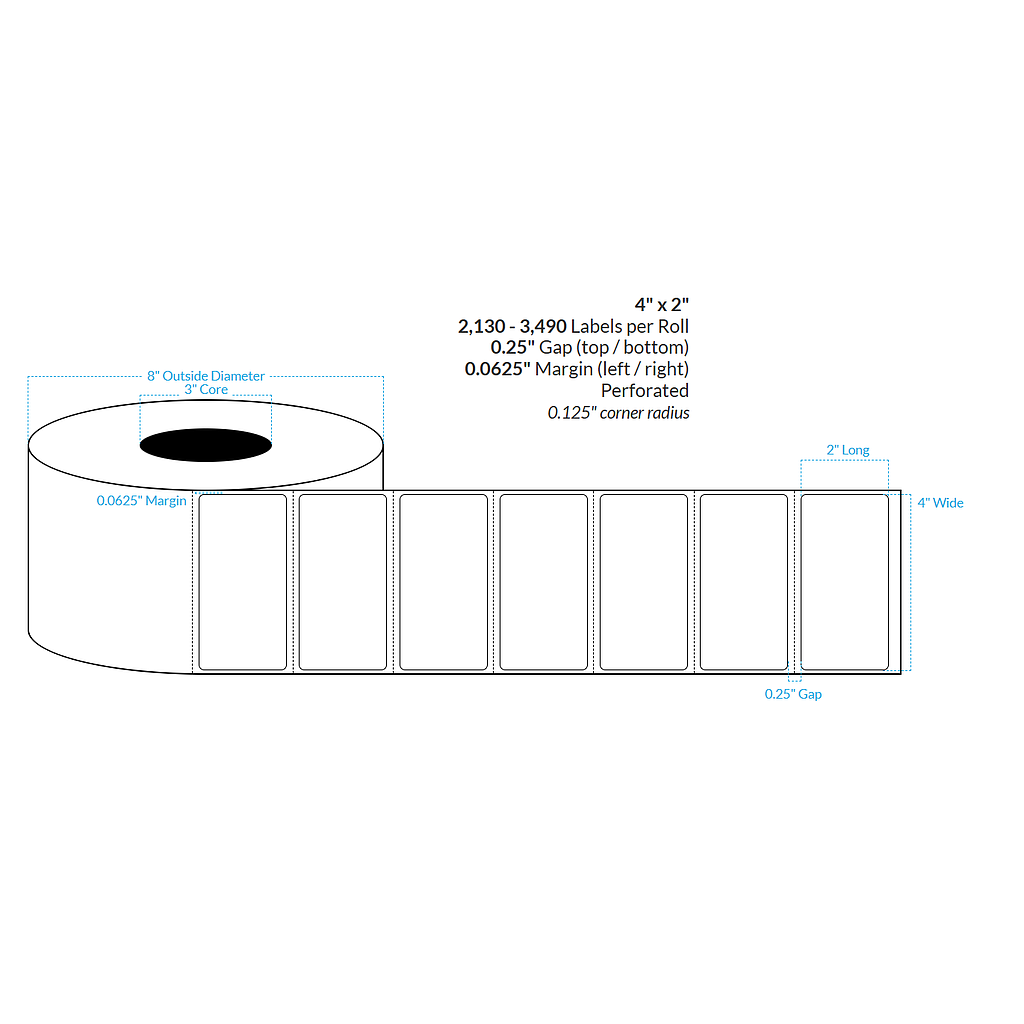 4" x 2" MATTE WHITE Polypropylene BOPP {ROUNDED CORNERS} PERFORATED Roll Labels (3"CORE/8"OD)