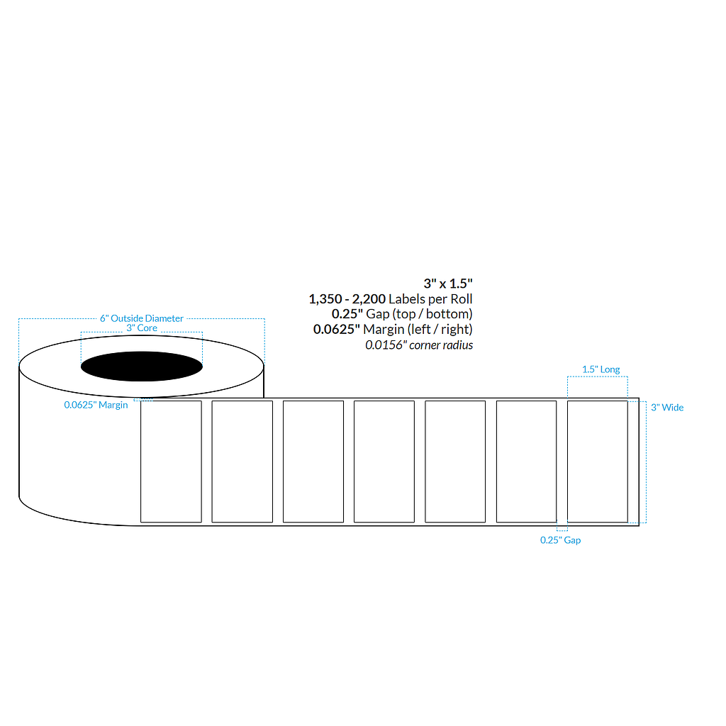 3 x 1.5 High Gloss White BOPP Blank Roll Labels 3 Core 6 OD