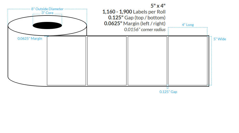 5" x 4" REMOVABLE HIGH GLOSS WHITE Polypropylene  BOPP {SQUARE CORNERS} Roll Labels (3"CORE/8"OD)