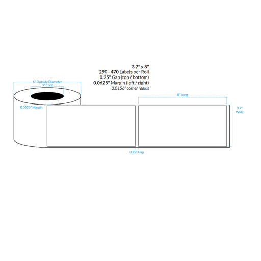 3.7" x 8" HIGH GLOSS WHITE Polypropylene BOPP {SQUARE CORNERS} Roll Labels  (3"CORE/6"OD)