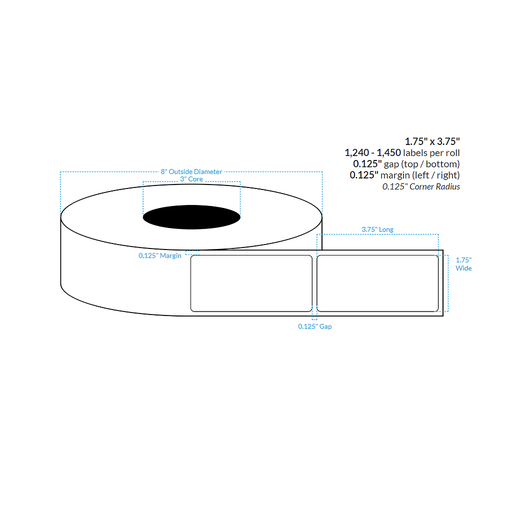 1.75" x 3.75" HIGH GLOSS WHITE Polypropylene BOPP {ROUNDED CORNERS} Roll Labels  (3"CORE/8"OD)