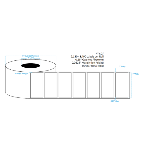 4" x 2" REMOVABLE HIGH GLOSS WHITE Polypropylene BOPP {SQUARE CORNERS} Roll Labels (3"CORE/8"OD)