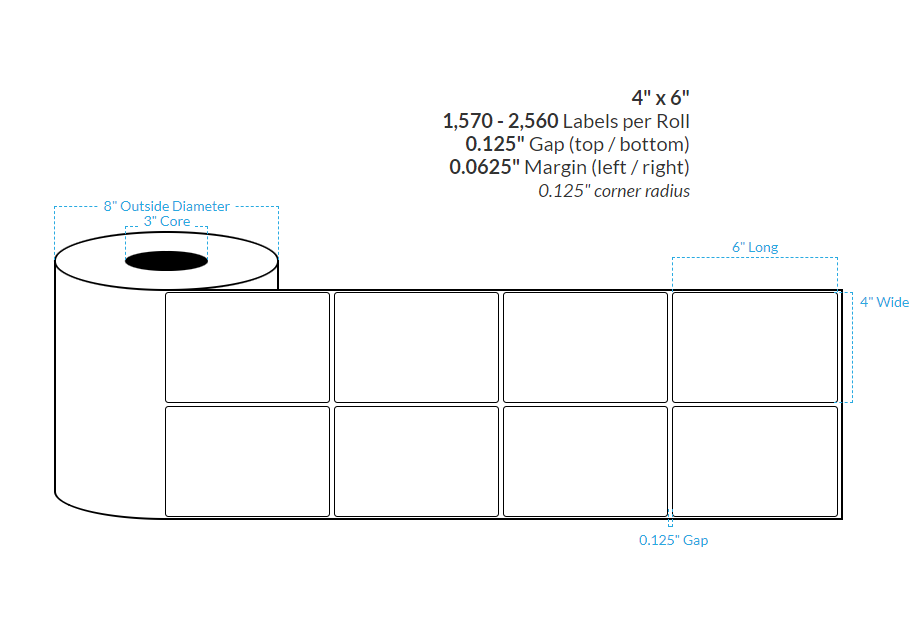 4" X 6" HIGH GLOSS WHITE POLYPROPYLENE (BOPP){ROUNDED CORNERS} Roll Labels  (3"CORE/8"OD)