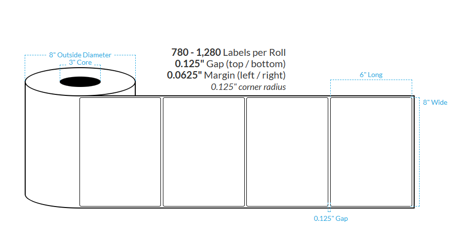 8" x 6" HIGH GLOSS WHITE Polypropylene BOPP {ROUNDED CORNERS} Roll Labels (3"CORE/6"OD)