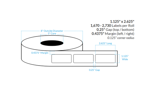 1.125" x 2.625" MATTE WHITE Polypropylene BOPP {ROUNDED CORNERS} Roll Labels  (3"CORE/8"OD)