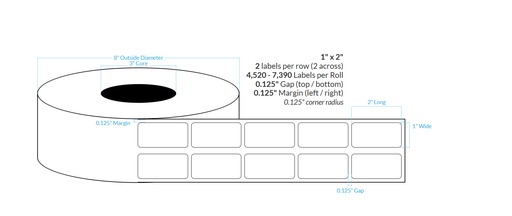 1" x 2" 2-ACROSS MATTE WHITE Polypropylene BOPP {ROUNDED CORNERS} Roll Labels  (3"CORE/8"OD)